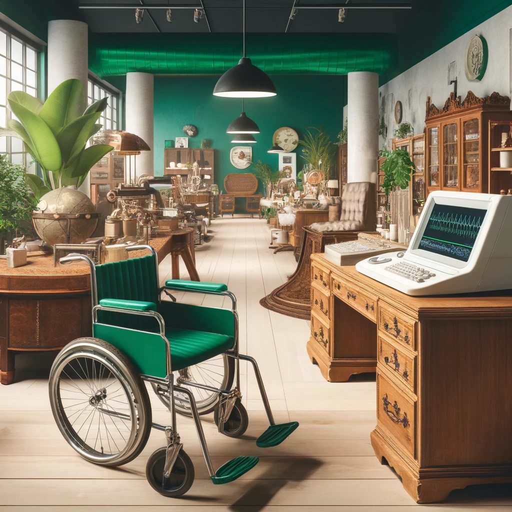 Sustainable buyback hub with restored medical devices and furniture.