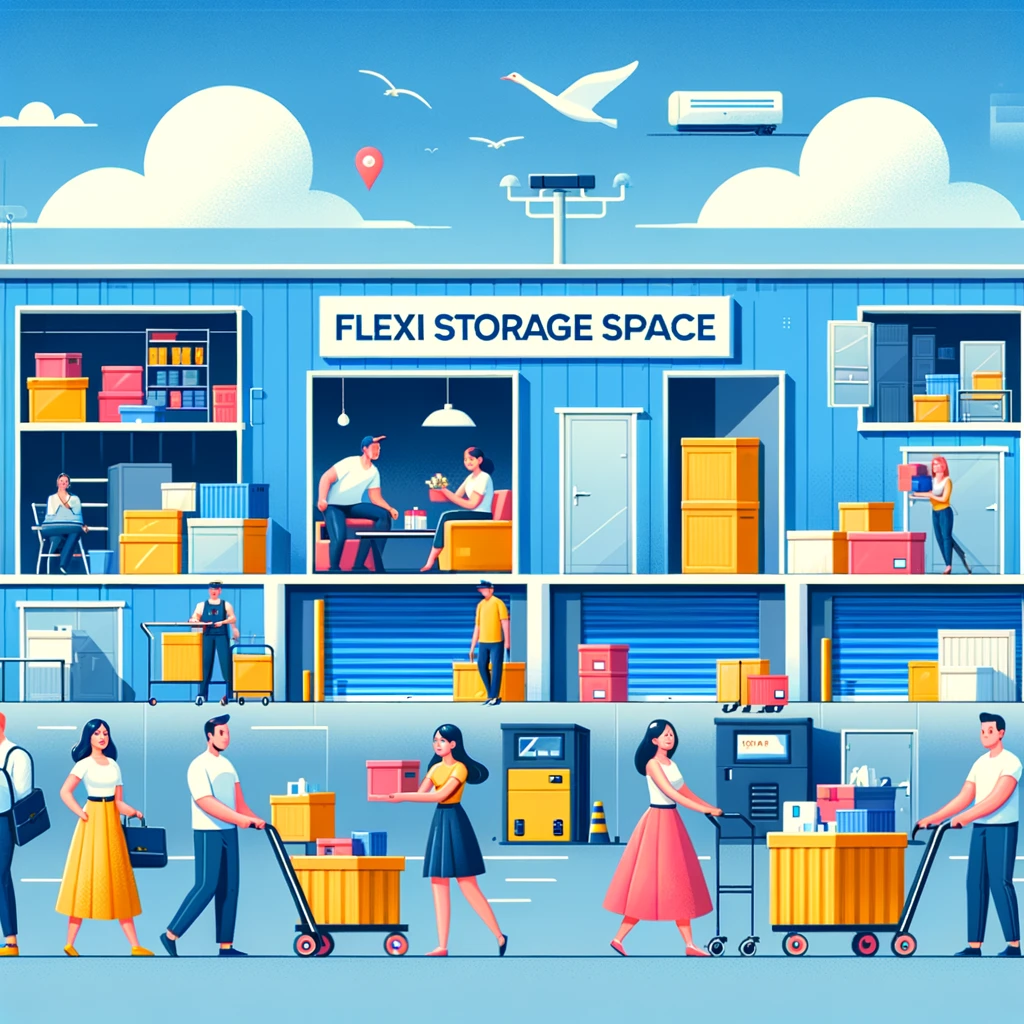 Modern flexi storage facility with customers moving items into storage Space.